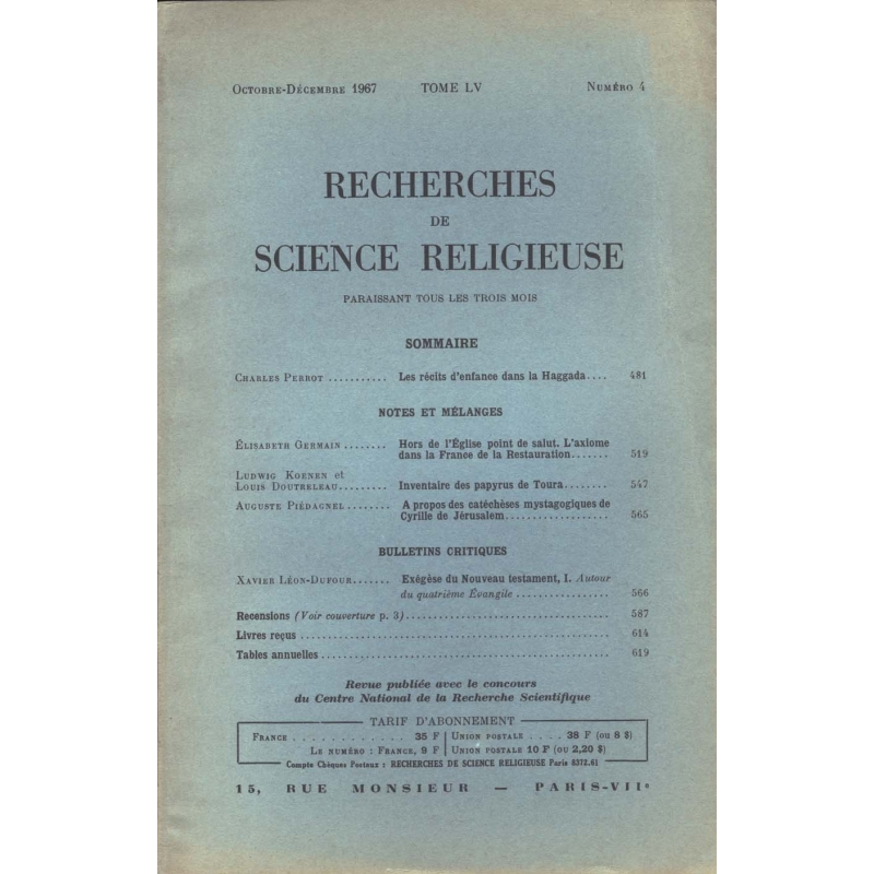 Recherches de science religieuse. Octobre - décembre 1967. Tome 55 n° 4