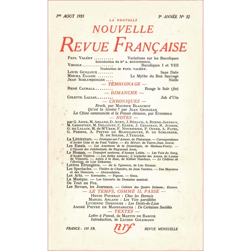 La Nouvelle revue française. 1er Août 1955 - 3e année, n°32